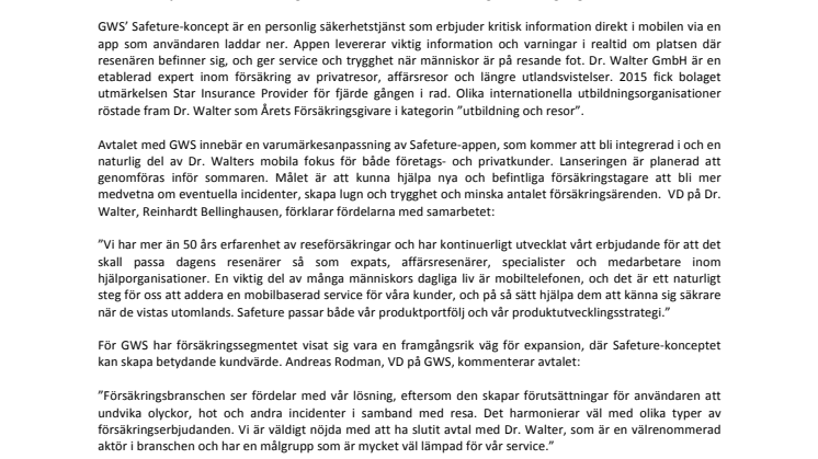 GWS tecknar avtal med den tyska reseförsäkringsförmedlaren Dr. Walter GmbH