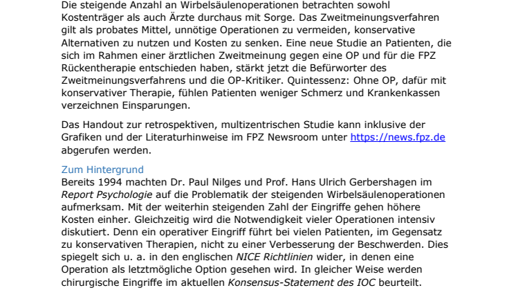 Zweitmeinungsverfahren bei Rücken-OPs: FPZ Studie belegt Wirkung konservativer Alternative