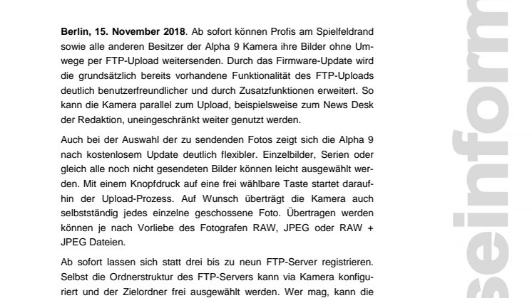 Nicht nur für Profis: Sony veröffentlicht Firmware-Update für die Alpha 9 Kamera