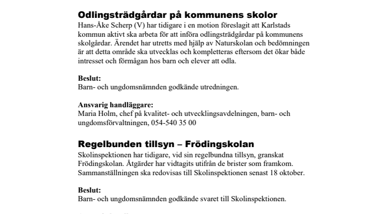 Beslut i korthet från barn- och ungdomsnämnden 