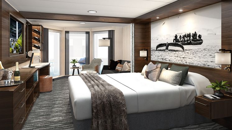 SUITE: With large bay windows, Hurtigruten guests can enjoy the spectacular views of the Norwegian coast on board the newly refurbished Hurtigruten vessel MS Richard With. Foto: HURTIGRUTEN