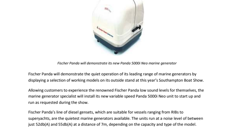 Fischer Panda to Demonstrate Quiet-Running Generators  at Southampton Boat Show