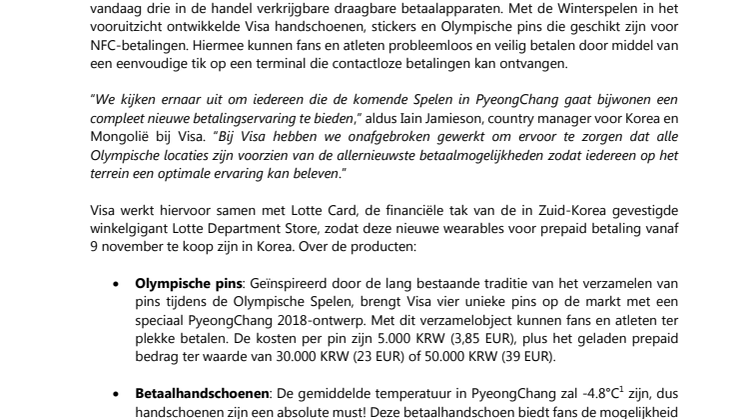 ​Visa introduceert nieuwe betalings-wearables voor fans die de Olympische Winterspelen van 2018 in PyeongChang bezoeken