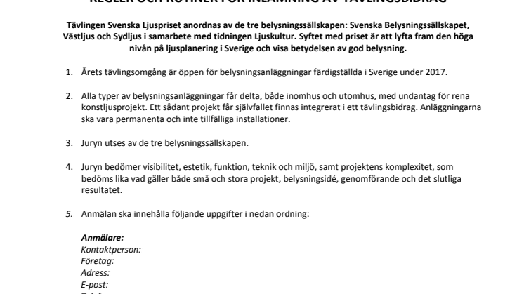 Tävlingsregler Svenska Ljuspriset