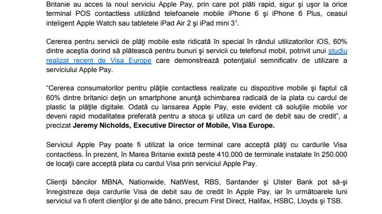 Apple Pay, disponibil în premieră în Europa: Cardurile Visa din Marea Britanie pot fi înregistrate în serviciul Apple Pay