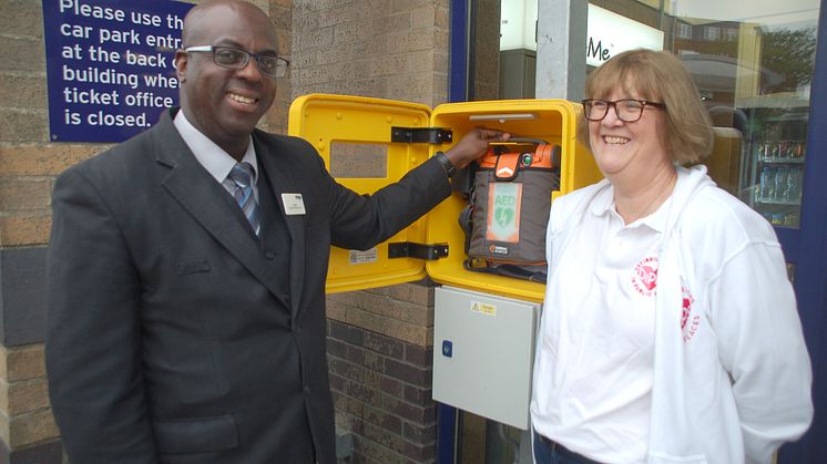 Relief Station Assistant Curtis Cassell used this defibrillator at Potters Bar station to save the life of a passenger. He's pictured here with Arline Hursey of the charity Defibrillators in Public Places (more pictures below)