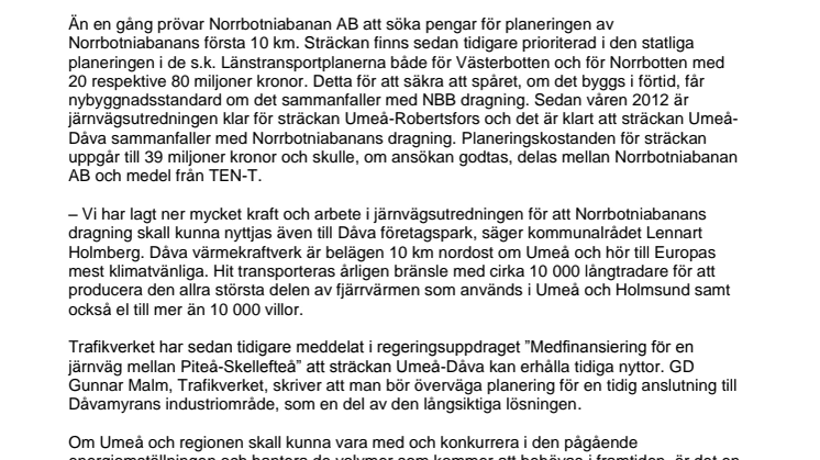 Norrbotniabanan AB söker planeringspengar från EU