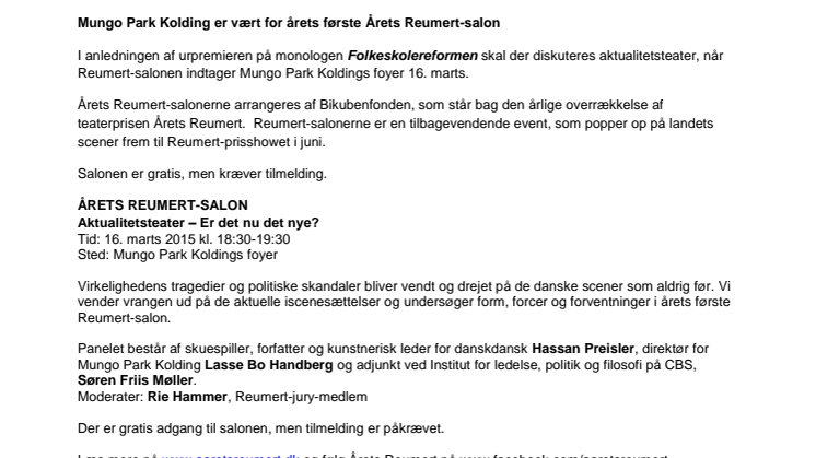 Mungo Park Kolding er vært for årets første Årets Reumert-salon
