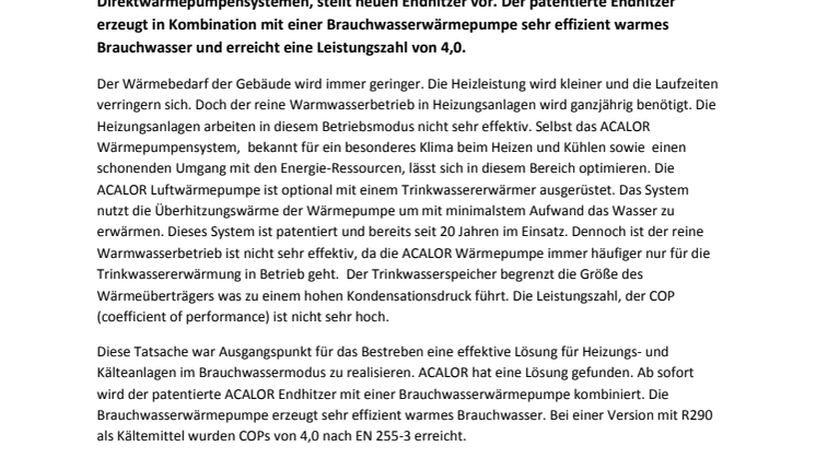 ACALOR: Hohes Einsparpotential bei der Warmwasseraufbereitung durch neuen patentierten Endhitzer