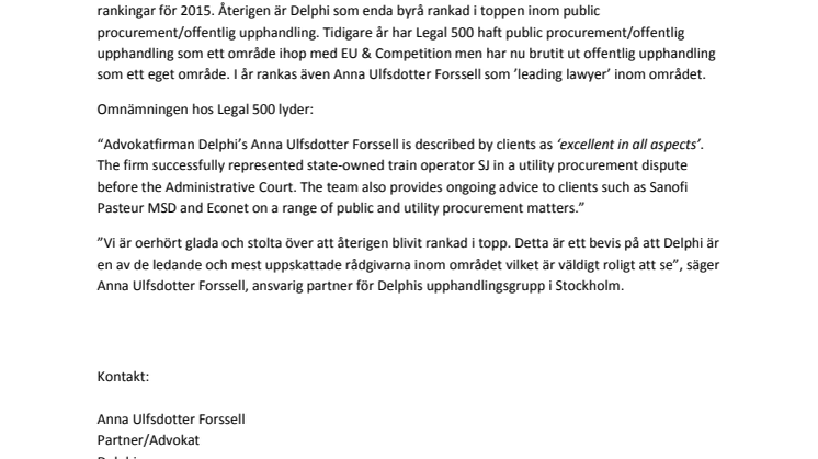 Legal 500 publicerar nya rankingar - Delphi fortsatt ensam på topplacering inom området offentlig upphandling 