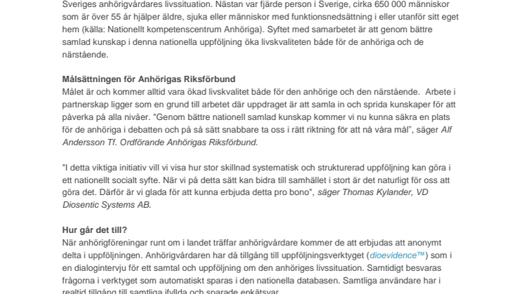 Anhörigas Riksförbund samarbetar nu med Diosentic Systems kring nationell uppföljning av anhörigvårdares livssituation