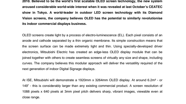 Mitsubishi Electric to show large-screen OLED at ISE 2010