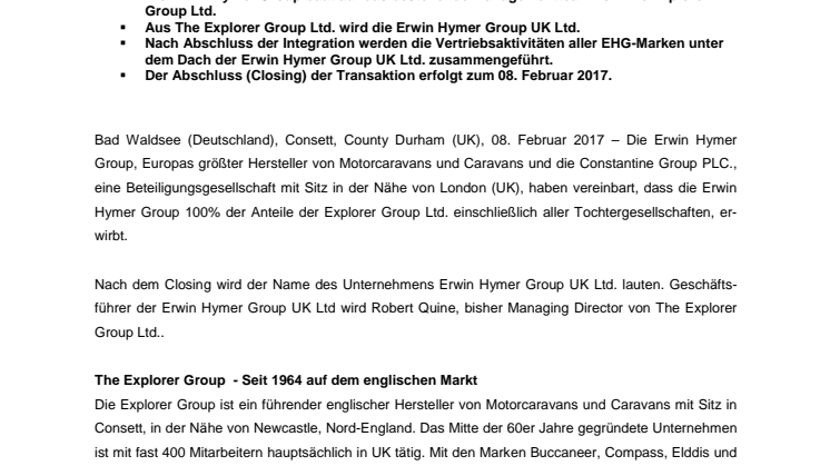 Erwin Hymer Group erwirbt The Explorer Group Ltd., einen der führenden Hersteller von Motorcaravans und Caravans in UK.