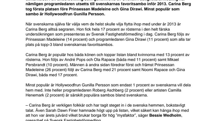 Carina Berg är svenskarnas favoritsambo
