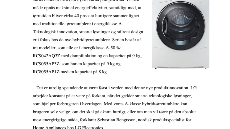 40 PROCENT HURTIGERE TØRRETID, NÅR LG LANCERER VERDENS FØRSTE HYBRID-TØRRETUMBLERE