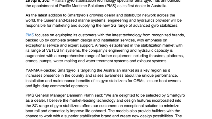 Smartgyro Appoints Pacific Maritime Solutions as New Dealer in Australia