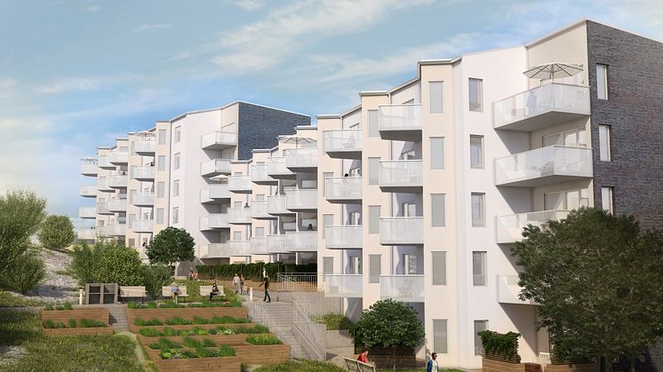 Roliga  vinklar och burspråk skapar möjlighet för fint ljusinsläpp i lägenheterna i Brf Famnen. 