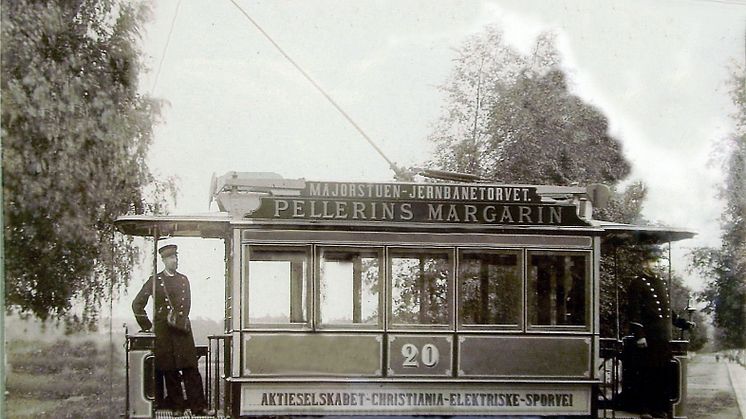 Kristianias første elektriske trikk fra Allgemeine (AEG), fotografert på Majorstuen ca. 1896. Foto:Privat/LTF