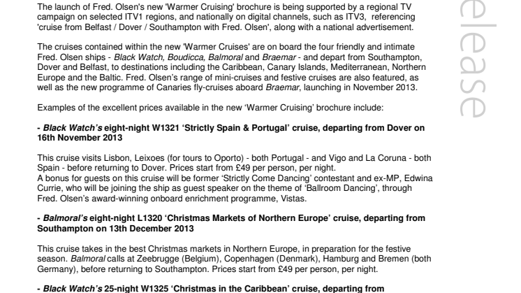 Fred. Olsen Cruise Lines launches ‘Warmer Cruising’ brochure of great-value winter 2013/14 cruises