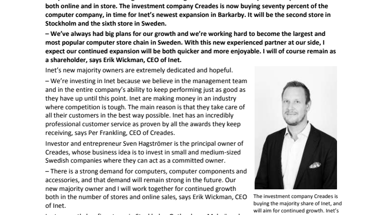 Sven Hagströmer’s Creades new majority owner of Inet 