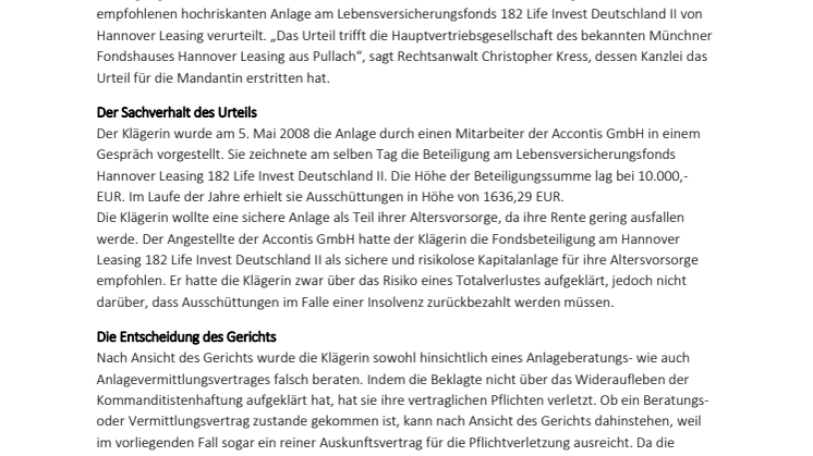 Landgericht Frankfurt fällt verbraucherfreundliches Urteil im Fall  von Hannover Leasing Fonds 182 Life Invest Deutschland II – Zahlung von Schadensersatz und entgangenem Gewinn