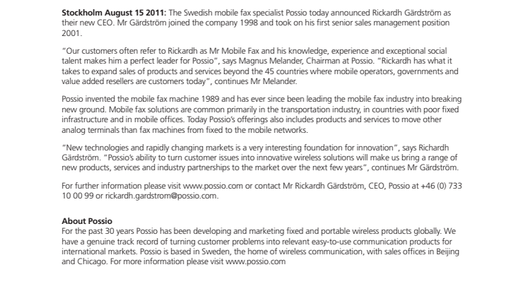 Mobile Fax Innovator Possio announces new CEO