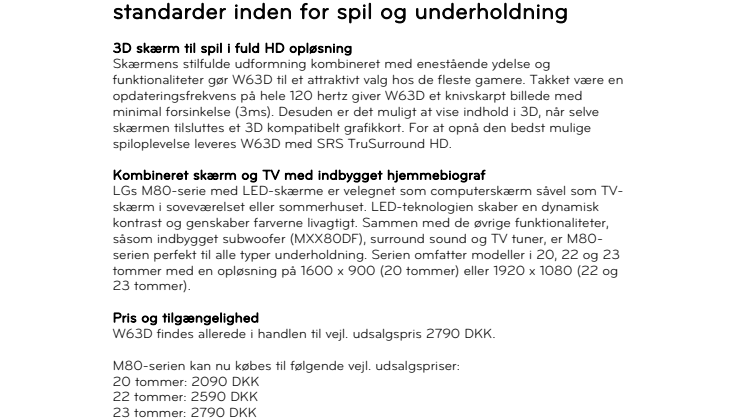 LGs nye LED- og 3D-skærme sætter nye standarder inden for spil og underholdning 