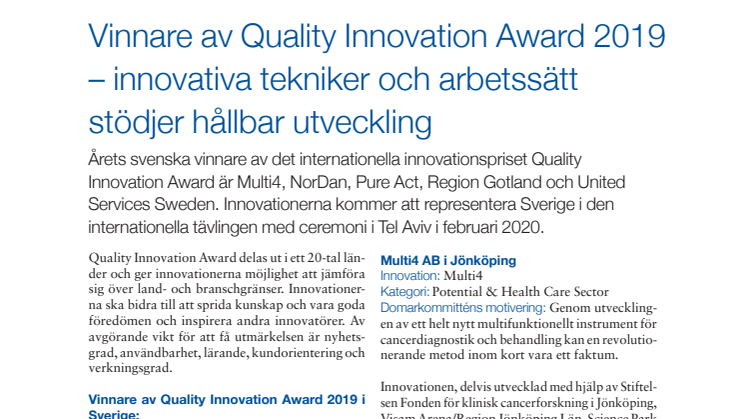 Quality Innovation Award 2019 – innovativa tekniker och arbetssätt stödjer hållbar utveckling