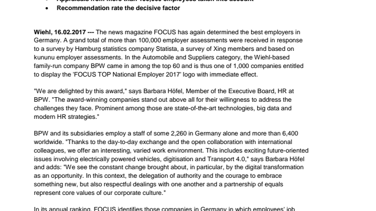 FOCUS Award: BPW ranks among the top employers in 2017