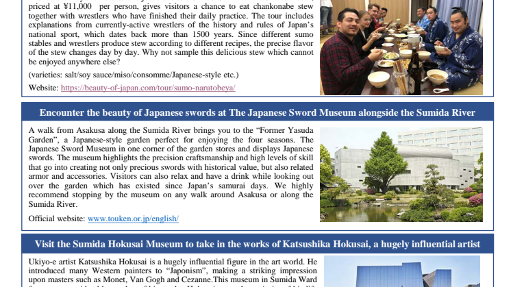 Visit the Area around the TOKYO SKYTREE, a Tokyo landmark, to experience Japan’s National Sport, Arts and Culture