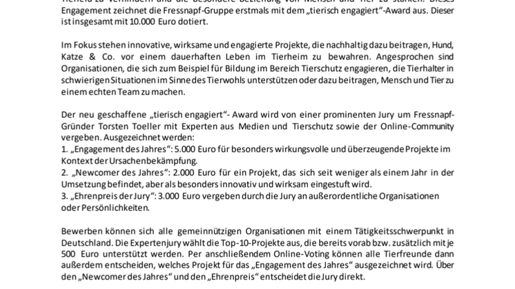Ausgezeichneter Tierschutz: Fressnapf vergibt erstmals „tierisch engagiert“-Award in drei Kategorien
