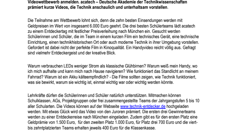 acatech Schülerwettbewerb TECHNIKENTDECKER:  bestes Technikvideo von bayerischen Schülerinnen und Schülern gesucht