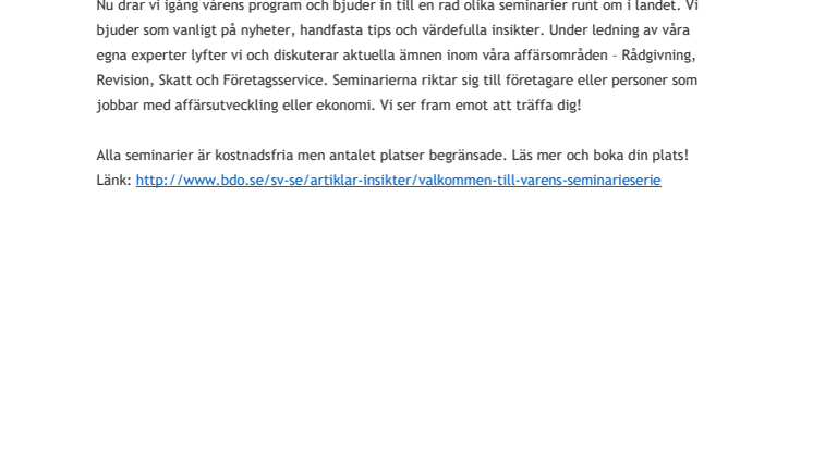 BDO presenterar vårens seminarieserie 2019