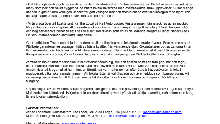 Restaurang The Local i Kall får kvalitetsutmärkelse för lokal mat  