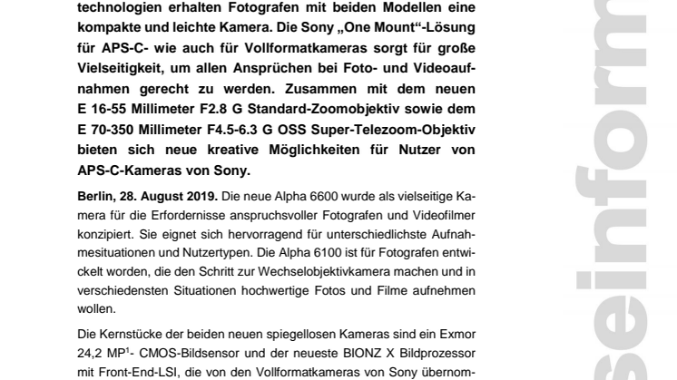 Sony erweitert die APS-C-Reihe um zwei neue spiegellose Systemkameras 