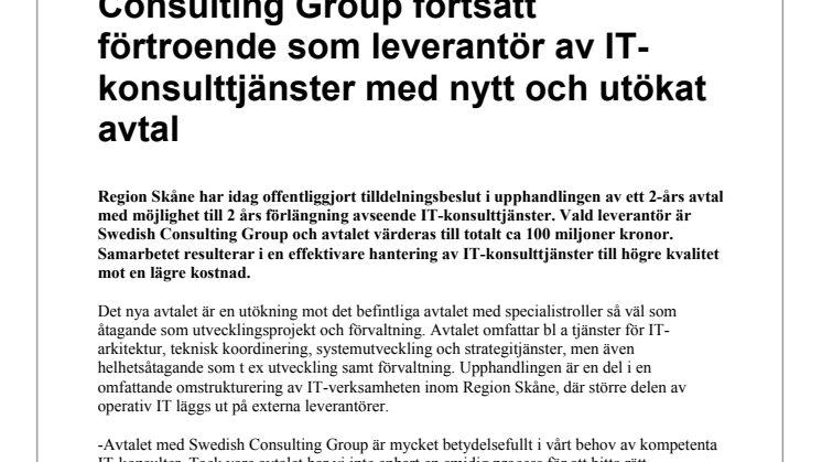 Region Skåne ger Swedish Consulting Group fortsatt förtroende som leverantör av IT-konsulttjänster med nytt och utökat avtal