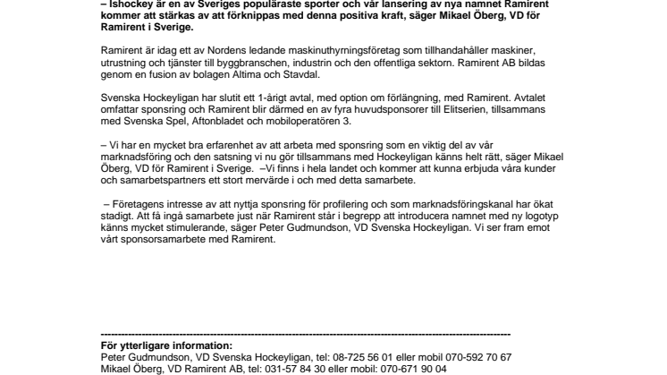 Ramirent huvudsponsor till Svenska Hockeyligan