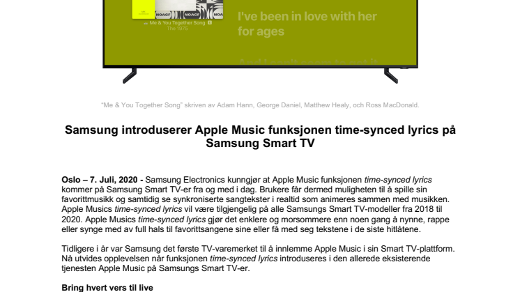 Samsung introduserer Apple Music funksjonen time-synced lyrics på Samsung Smart TV