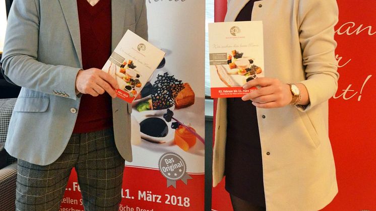 Clemens Lutz (Geschäftsführer der Kochsternstunden) und Daniela Undeutsch (Sachsens Weinkönigin) stellen die Kochsternstunden vor 