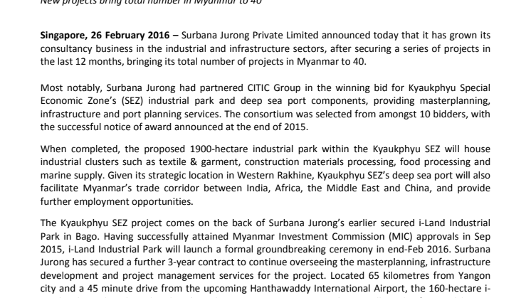 Surbana Jurong expands industrial & infrastructure business in Myanmar