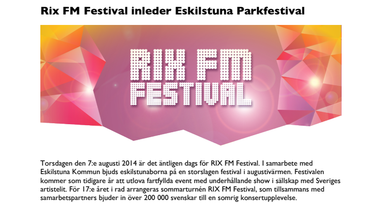 Rix FM Festival inleder Eskilstuna Parkfestival