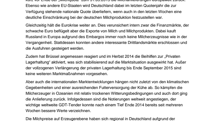 Quotenende - Milchmarkt entwickelt sich positiv