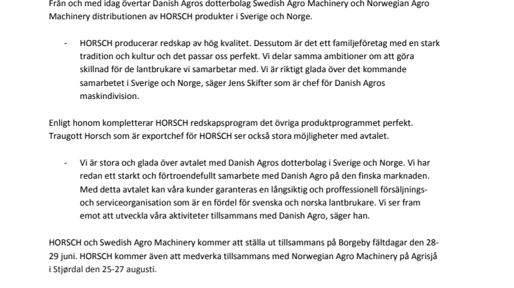 Danish Agro och HORSCH skriver distributionsavtal i Sverige och Norge