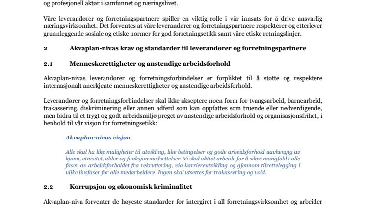 Etiske retningslinjer for våre leverandører og forretningspartnere