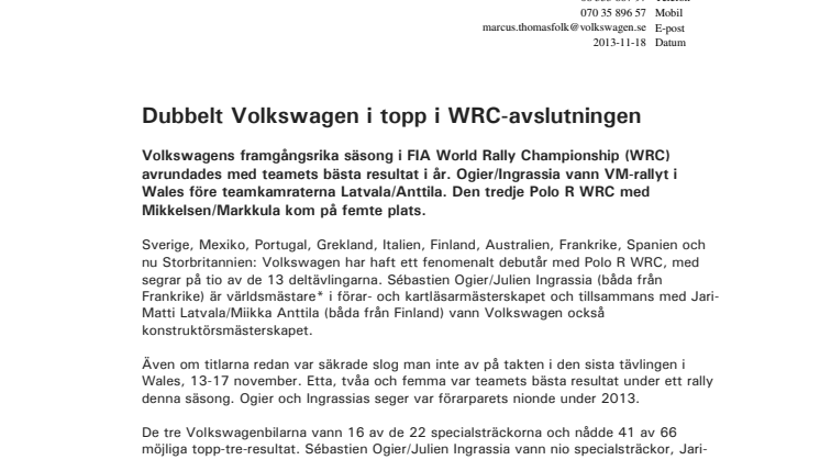 Dubbelt Volkswagen i topp i WRC-avslutningen
