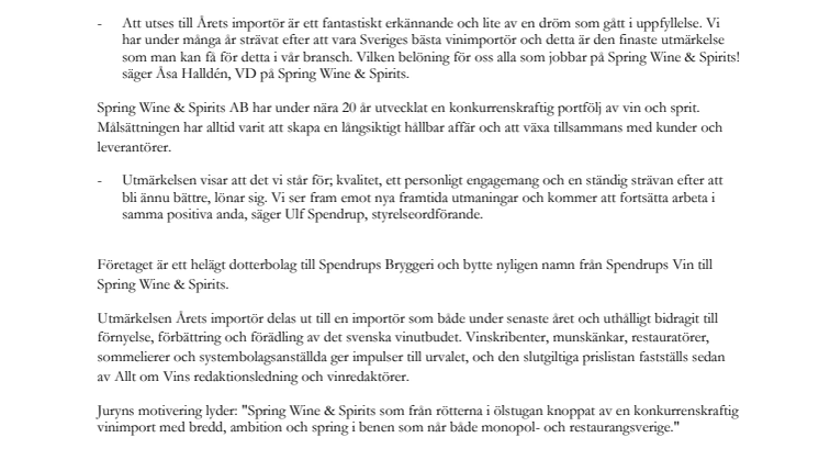 Spring Wine & Spirits utsedd till Årets importör