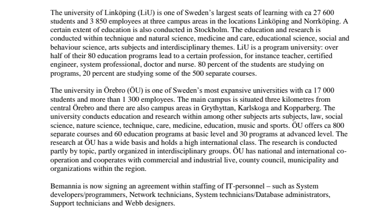 Bemannia signs agreement with the universities in Linkoping and Orebro