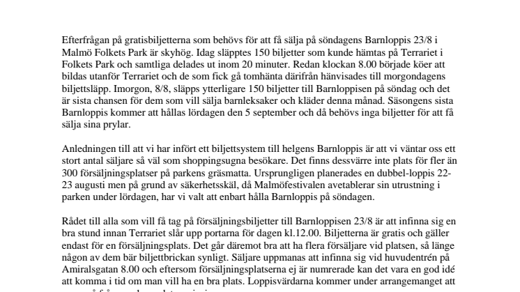 Barnloppis i Malmö Folkets Park 23/8