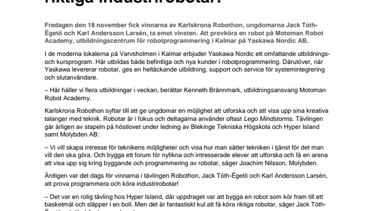 Robothon-vinnare får programmera  riktiga industrirobotar!