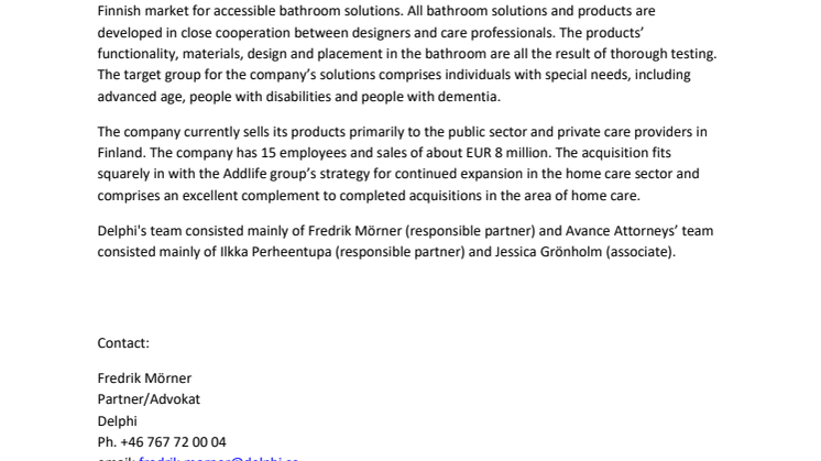 Delphi and Avance Attorneys assist AddLife Development AB with the acquisition of Väinö Korpinen Oy